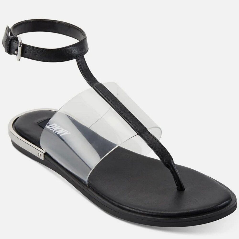 DKNY Ava Ankle T-Strap Thong Sandals Women's 6 Black Clear Minimalist Modern‎